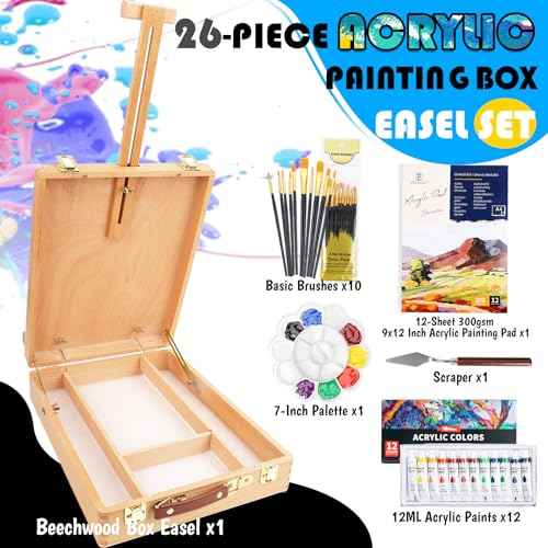 WOWOSS Tabletop Art Easel Box Set, 26 PCS Painting Kit for Adult Artists & Beginners, Easel Stand with 12 Acrylic Paints, 12 Sheets Acrylic Pad, Brushes, for Indoor & Outdoor Use, Painting & Sketching