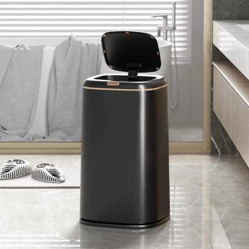 Sooyee 40L Automatic Trash Can with Lid,10.5 Gallon Bathroom Trash Can Smart Motion Sensor for Bedroom, Bathroom, Kitchen, Office,Black+Gold Border Trash Bin,3 Opening Modes