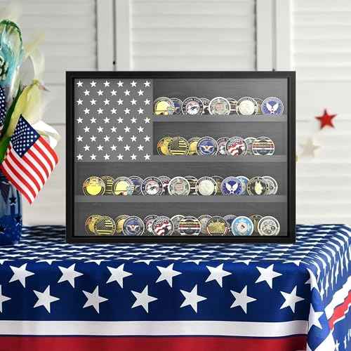 Military Challenge Coin Display Case 16 x 12 in, Wooden American Flag Shadow Box with Anti-Dust UHD Acrylic Door, Gold-Antitheft Lock & Wall Mount, Gift for Collectors (Black Large)
