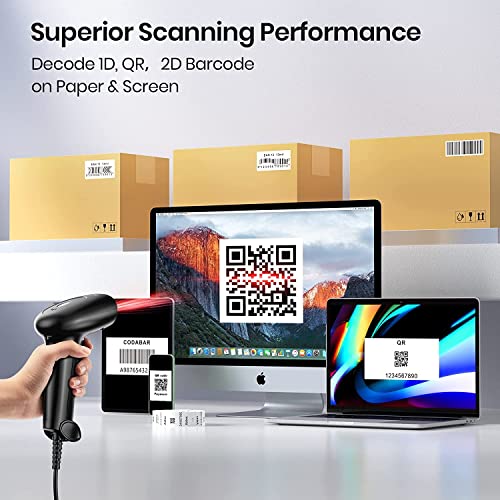 Barcode Scanner with Stand, USB Wired Inventory 2D 1D QR Code Scanner for Computer POS MAC with Automatic Screen Scanning, Handheld CMOS Image Bar Code Reader for Warehouse Library Supermarket