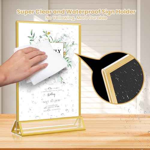 5x7 Gold Acrylic Sign Holder, 12 Pack Wedding Table Number Stands With Vertical Gold Borders, Double Sided Picture Frame Paper Stand, Clear Photo Display Menu for Party, Home, Restaurant