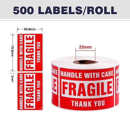LuckyGuard 3 x 2 Inch Handle with Care Fragile Stickers (500 Labels, Roll) for Shipping & Moving