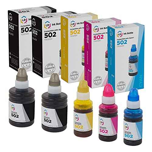 LD Products Compatible Ink Bottle Replacement for Epson 502 (5 Set - Black, Cyan, Magenta, Yellow) for use in Epson ET Series, Epson Expression and Epson Workforce