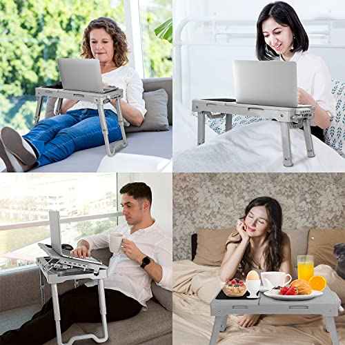 Grey Foldable Laptop Table with Cooling Fan, Adjustable Lap Desk and Mouse Pad, 4 USB Ports for Bed, Couch, Sofa, Floor