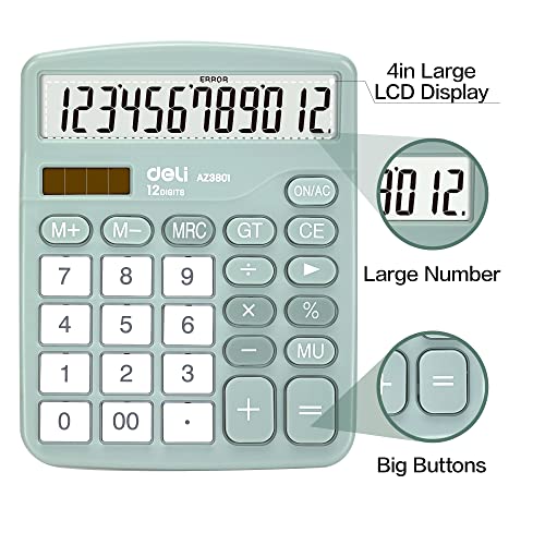 Deli Green Desktop Calculator with 12-Digit LCD, Solar & Battery Dual Power