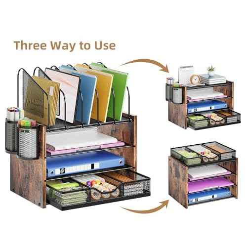 Marbrasse Desk organizer with Drawer, 4-Tier Wooden File Organizer with 5 Vertical File Holders and 2 Pen Holders, Desk Organizers and Accessories for Home Office - Dark Brown