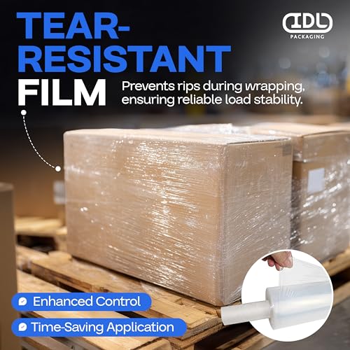 IDL Packaging 20" x 1000' Hand Stretch Wrap Roll of 80 Gauge with Extended Cardboard Handles (1 Roll) - Extra Sticky Clear Plastic Wrap Film - Pallet Wrap Stretch Film for Packing, Shipping & Moving