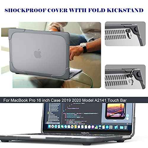 Mektorn for MacBook Pro 16 inch Case 2020 2019 A2141 Heavy Duty Dual Layer Shockproof Bumper Hard Case Cover New Pro 16 with Touch Bar & Touch ID, Gray