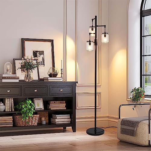 Dimmable Floor Lamp,Industrial Floor Lamp,Black Tree Lamp Standing Lamp Tall Lamps with 3 Elegant Glass Lampshades & 800 Lumens LED Bulbs for Living Room Bedroom Office (Black-A-Style)