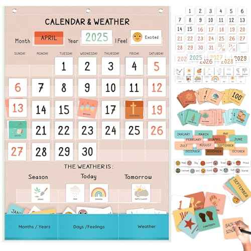 Calendar and Weather Pocket Chart for Classroom, 35¨ö" x 25¨ö" Large Boho Calendar for Kids, Toddler Learning Activities Chart, Homeschool and Teacher Essentials 114 Cards