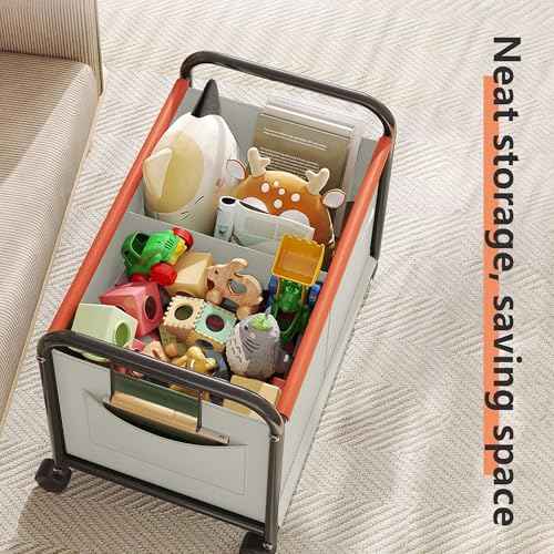 Children's Organizer With Wheels for Bedrooms, Playrooms - Holds Toys, Books, Clothes, Snacks - 360 Steering Wheels, Metal & Oxford Cloth Boxes (White, Small Size)
