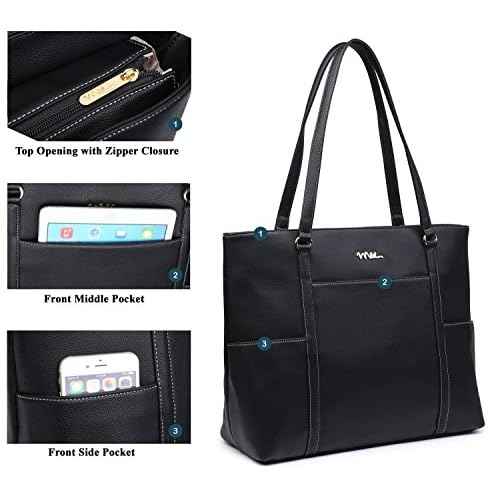 Classic Laptop Leather Tote Bag for 15 15.6 inch Notebook Computers Travel Carrying Bag with Smart Trolley Strap Design - Black