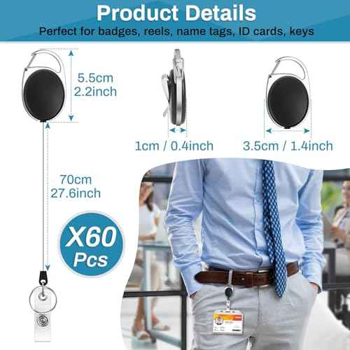 60 Pcs Badge Reels Retractable Bulk ID Badge Holders Retractable Lanyards with Carabiner Reel Clip for Keys, Badge Name Card Holder