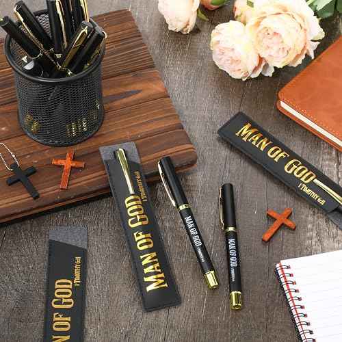 Spakon 40 Sets Fathers Day Christian Gifts Bulk Man of God Pen for Men Bible Verse Pens with Leather Pen Holder Sleeve Faith Based Gifts Baptism Church Party Favor for Dad Pastor