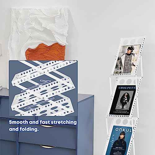 Foldable Magazine Rack with 4 Pockets, Portable Brochure Display Stand for Office, Trade Shows, and Exhibitions, Includes Carrying Bag, White