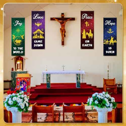 4 Pcs Church Banners, 2 x 6 Feet Nativity Scene Church Banners For Sanctuary Wall Christmas with Scripture Christian Hanging Signs for Holiday Nativity Decor