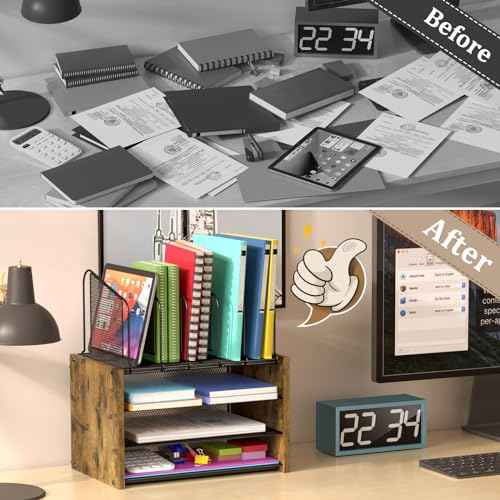 4-Tier Desk Organizer, Desk File Organizer with 5 Vertical File Holders, Office Desktop Organizer with 3 Level Paper Organizer Letter Tray, Wooden Desk Organizers and Accessories for Home Office