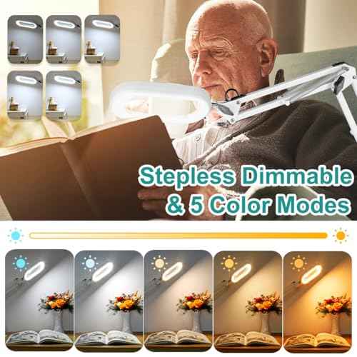 10X Rectangle Magnifying Glass with Light, 5 Color Modes Stepless Dimmable Magnifier with Stand, LED Lighted Clamp Desk Lamp with Swing Arm, Hands Free for Reading Painting Close Work - White