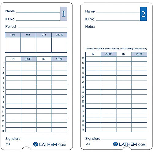 Lathem E14-100 Pack of 100 Double-Sided Time Cards for 400E Clock