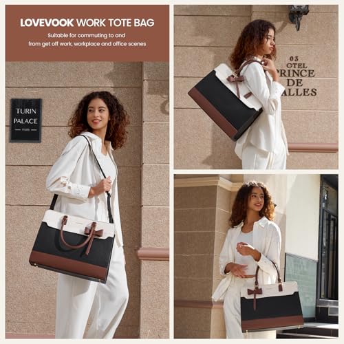 LOVEVOOK 15.6 Inch Leather Laptop Tote Bag for Women, Waterproof Office Work Bag, Black-White-Brown