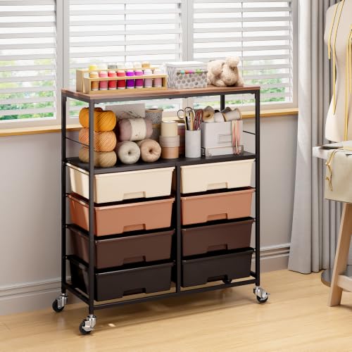 APEXCHASER Rolling Storage Cart with 8 Drawers, Brown Wooden Top