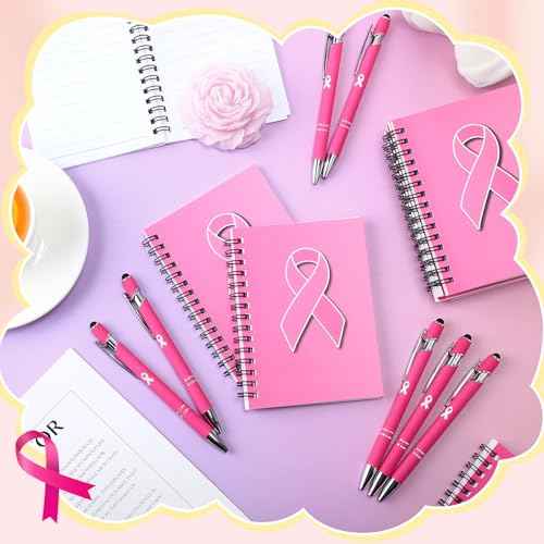 24 Sets Breast Cancer Awareness Pink Ribbon Pocket Notebooks and Pens Hope Strength Journal Notepads for Breast Cancer Awareness Party Favors Items Charity Public Events