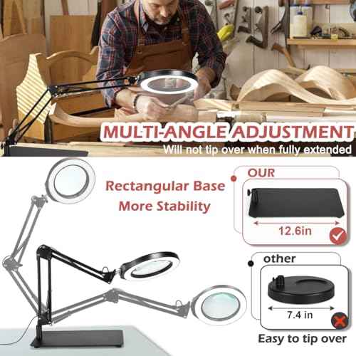 Veemagni 5 Inch Large Magnifying Glass with Light and Stand, 5 Color Modes Stepless Dimmable 10X Glass Lens, Hands Free 2-in-1 Desk Lamp & Clamp, LED Lighted Magnifier for Repair Crafts Close Work