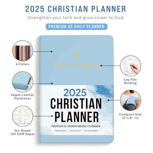 2025 Christian Planner, Bible Planner & Prayer Journal | Daily Christian Planner 2025 For Women & Men with Weekly & Monthly Planning | 12 Month A5 Size | Faith Planner (Blue)