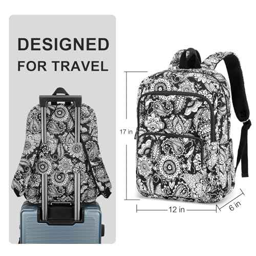 Searock Quilted Backpack for Women, Floral Backpack for School Girls, Cotton Lightweight Bookbag for Travel, Work Black