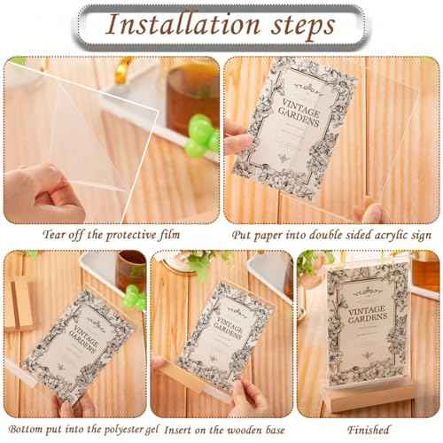 Vinsot 16 Pack 4 x 6 Inch Clear Acrylic Sign with Wood Base T Shape Sign Holder Vertical Blank Stands Desktop Display Plastic Menu Frame Double Sided Flyer Stand for Wedding Restaurant Party Decor