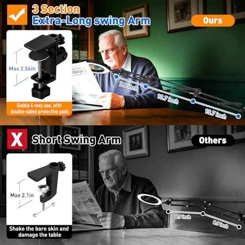 Ultra Long 3-Section Swing Arm 12X Magnifying Glass with Light and Stand, 4-way Large Strong Metal Clamp Lighted Magnifier Lamp, 5 Color Modes LED Magnifying Lamp for Workbench, Crafting, Hobby