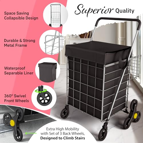Our Modern Space Stair Climbing Shopping Cart Silver with Waterproof Basket Liner & 360° Swivel Wheels - Foldable & Lightweight Utility Cart