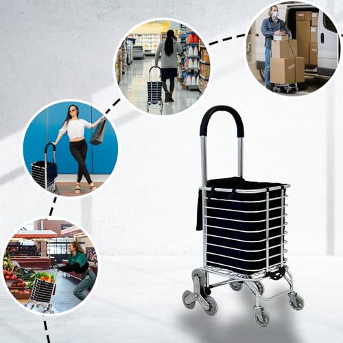 Folding Shopping Cart with Wheels 360 Degree Rolling Swivel Grocery Cart with Removable Oxford Cloth Liner Climber Cart for Groceries Luggage Laundry,Trolley for Stair, Laundry, Travel