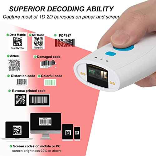 TEEMI Mini 2D QR Code Reader Bluetooth Barcode Scanner with Charging Dock & Data Receiver, Handheld Barcode Scanner with Neck Wrist Lanyard, Compatible with iPhone, iPad, Android, Tablet, iOS (White)