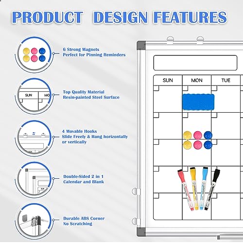 Monthly Calendar Dry Erase Whiteboard for Wall, 24" x 18" Magnetic Calendar White Board, Double-Sided Portable Board for Office, Kitchen, School, Home