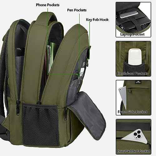 MATEIN 15.6 Inch Travel Laptop Backpack, Sturdy Computer Backpack for Women Men with USB Charging Port, Lightweight Fashion Water Resistant Traveling Backpack Casual Daypack for College Offic, Green