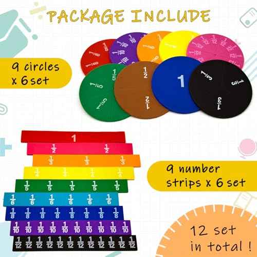 12 Sets Fraction Bars Include 6 Sets Fraction Tiles and 6 Sets Fraction Circles for Math Classroom Foam Fractions Manipulatives Math Manipulatives for Home School Supplies