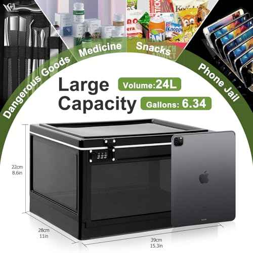 Large Medicine Lock Box, Personal Items Lockable Container for Phone/Tablet, Refrigerator Locking Storage Bin for Snack/Food, Childproof First AID Locked Cabinet