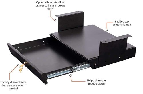 Stand Up Desk Store Add-On Office Sliding Under-Desk Drawer Storage Organizer for Standing Desks (Black, Lockable with Padded Laptop Shelf) 18"