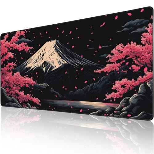 Extra XXXL Japanese Cherry Blossom Gaming Mouse Pad, Watercolor Mouse Pads Keyboard Mat, Stitched Edges Mousepad, Non-Slip Rubber Base Desk Mat for Office & Home (48x24 Inch)