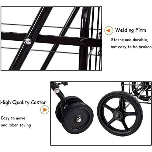 Folding Shopping Cart, Large Utility Cart Hold Up to 90 Lbs, with Double Basket, 360¡Æ Rolling Swivel Wheels, Ideal for Grocery Laundry Luggage Travel, Multiple Uses Easy to Move (Black)