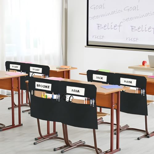 Flickzy 24 Pack Black Chair Pockets for Classroom, 16x19 Inch Seat Organizer with Name Slot