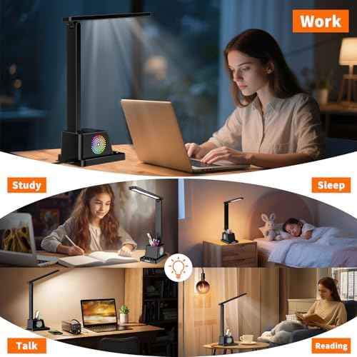 LED Desk Lamp for Office Home, Eye-Caring Desk Light with USB Port & RGB Phone Holder, 3 Color¡¿4 Brightness, Adjustable Arm, Touch-Control Lamp for Reading/Bedroom (Black)