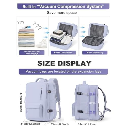 VGCUB Vacuum Backpack Travel with Pump Vacpack System Storage Compression Carry on Work Laptop Waterproof College Bags Casual Daypack Backpacks for Women Men with USB Port Expandable Purple Taro