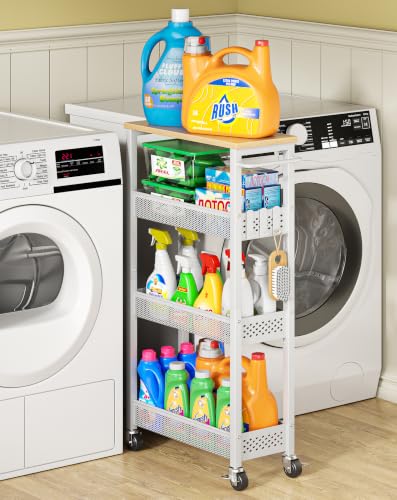 OKZEST Slim Laundry Room Cart 7.1 Inch Wide White with Upgraded Metal Casters