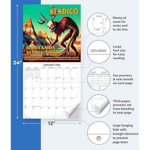 2026 National Park Lore Monthly Wall Calendar | 12" x 24" | Monsters & Cryptids in National Parks Calendar 2025-2026