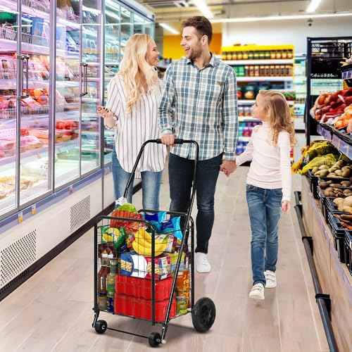 DWVO Folding Shopping Cart with Wheels, Rolling Foldable Grocery Cart for Seniors, Portable Collapsible Utility Cart for Shopping Groceries Laundry Stair Climbing Storage