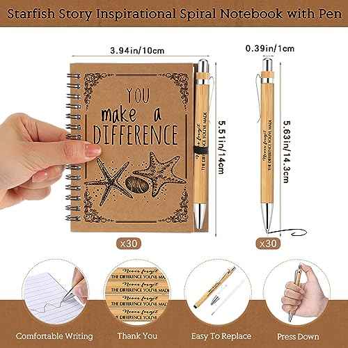 Colarr 30 Sets Christmas Employee Appreciation Gifts Starfish Spiral Notebooks Bulk You Make a Difference A6 Inspirational Journal and Motivational Bamboo Pens for Coworkes Staff Team Volunteer