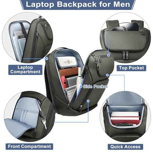 hk Business Smart Backpack for Men Anti-Theft for 17.3 Inch Laptop with USB Charging Port Water-Resistant Large Durable Compact 30L for Travel College Work-Green