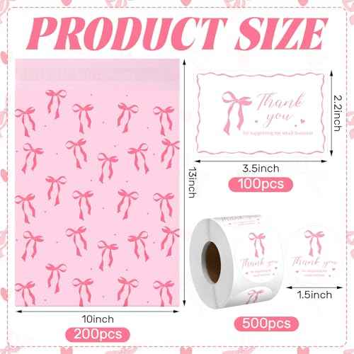 200 Pack 10x13 Pink Bow Poly Mailers Set Waterproof Self Adhesive Cute Shipping Bags with Thank Cards and Stickers Set for Small Business Large Mailing Envelopes Bulk Tear Resistant